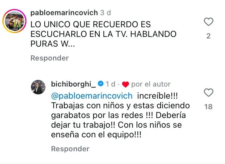 La respuesta de Borghi a un usuario en Instagram