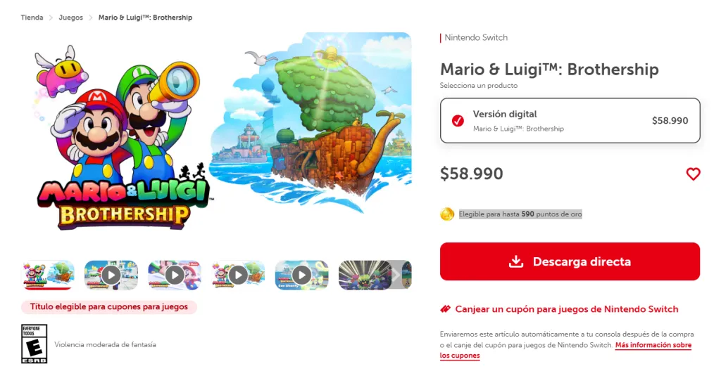 Nintendo.com ofrece la versión digital a $58.990.