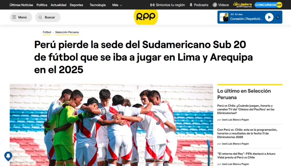 La información desde Perú sobre el Sudamericano Sub 20 (Captura)