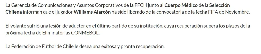 Parte médico sobre Williams Alarcón (ANFP)
