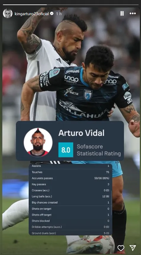 Arturo Vidal volvió a redes sociales hablando de fútbol y mostrando sus números ante Iquique. Foto: Instagram.