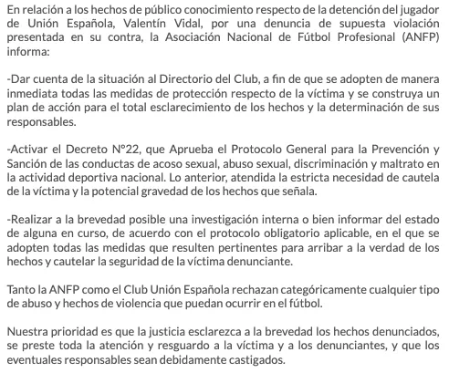 El comunicado de la ANFP sobre el caso de Valentín Vidal