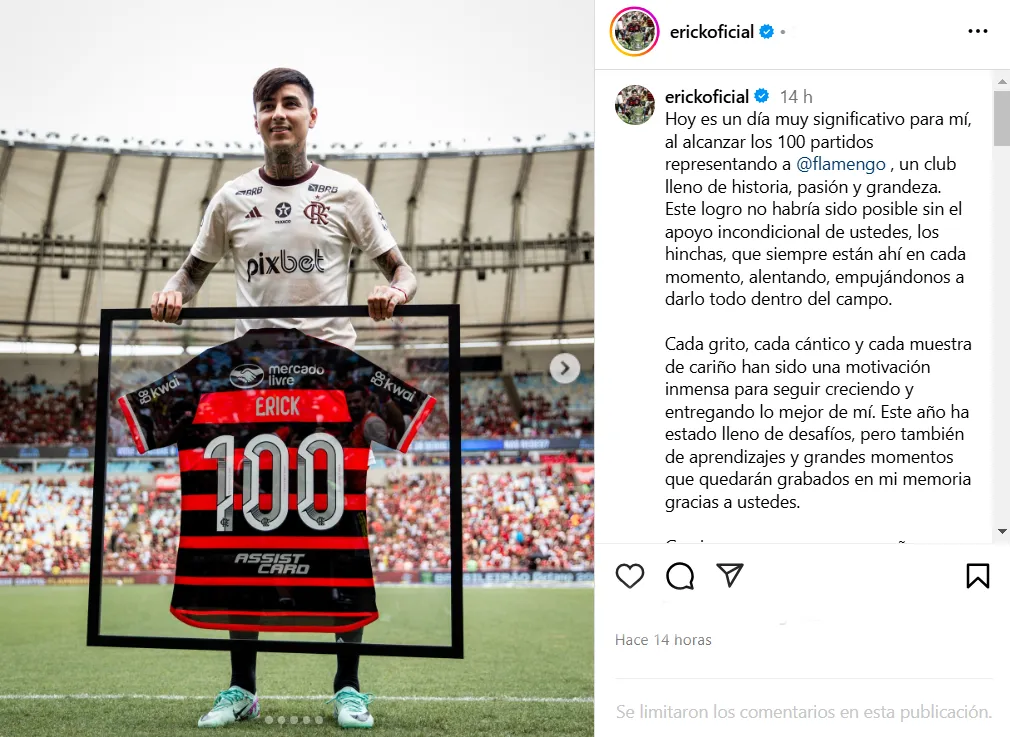 Erick Pulgar cumplió 100 partidos con la camiseta del Flamengo.