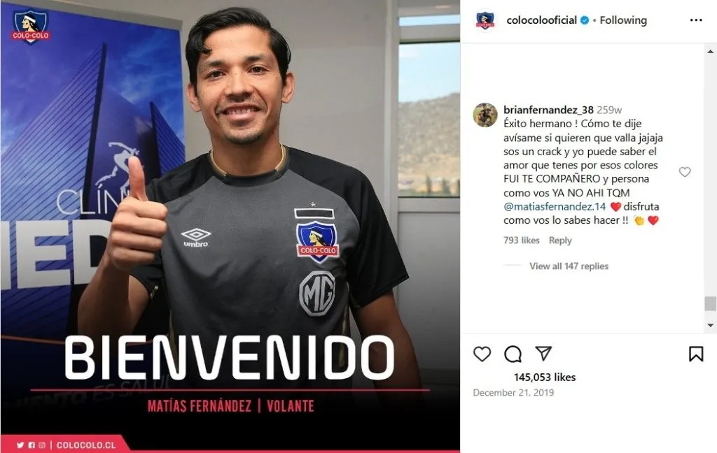 Brian se ofreció a Colo Colo durante la llegada de Matías Fernández. (Foto: Instagram)