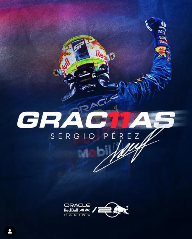 La gráfica de Red Bull Racing para decirle adiós a Checo Pérez. (Captura).