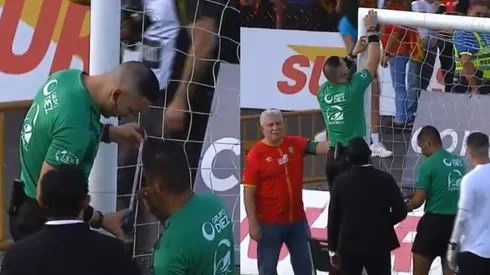 Árbitro mide el arco antes de empezar el partido