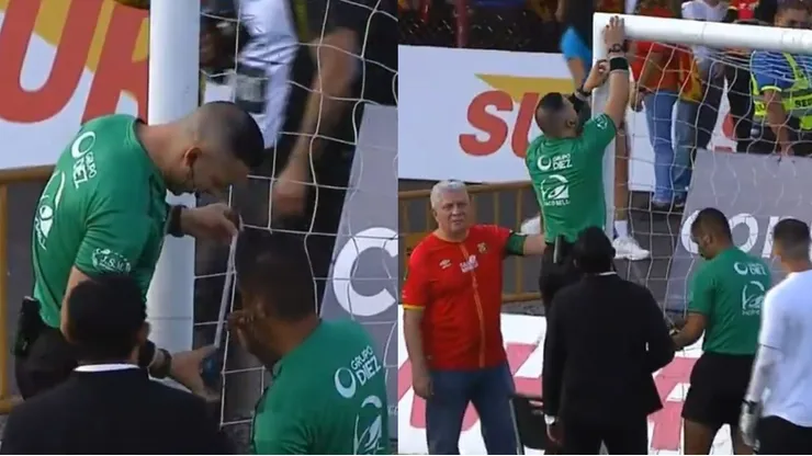 Árbitro mide el arco antes de empezar el partido