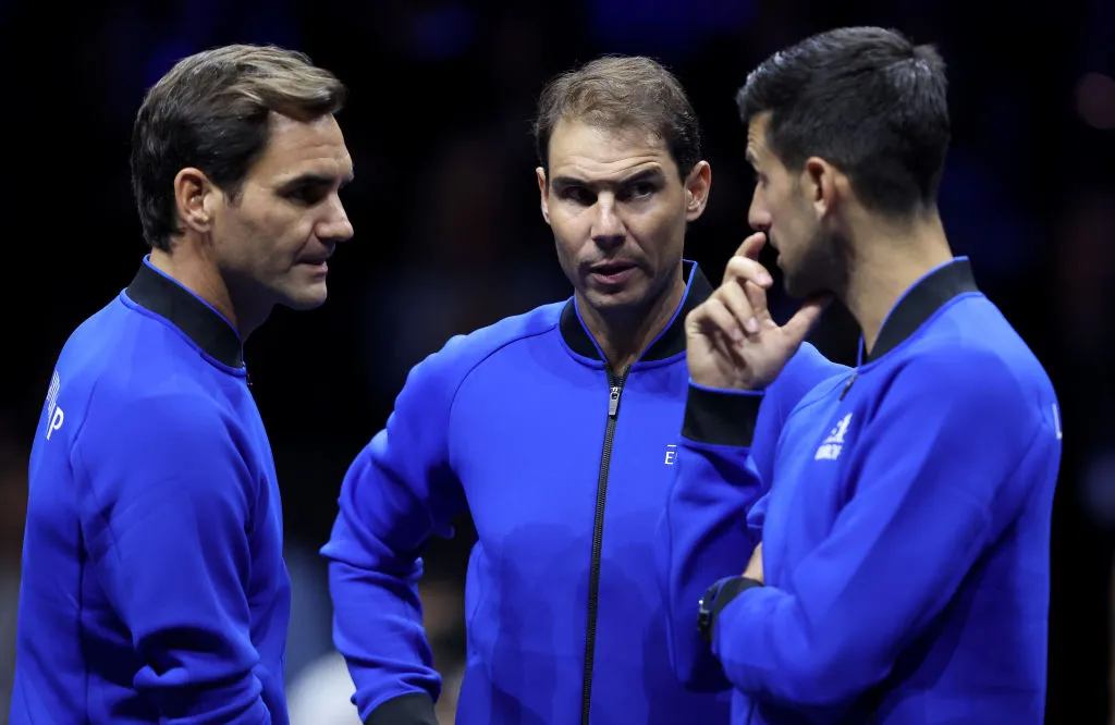 Roger Federer, Rafael Nadal y Novak Djokovic en el Day One of the Laver Cup, 2023 – Getty