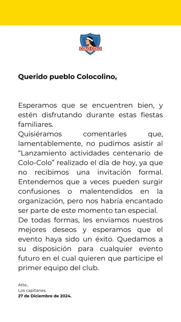 El comunicado que publicó Vidal, Pavez y Pizarro por su ausencia en la actividad del Centenario.