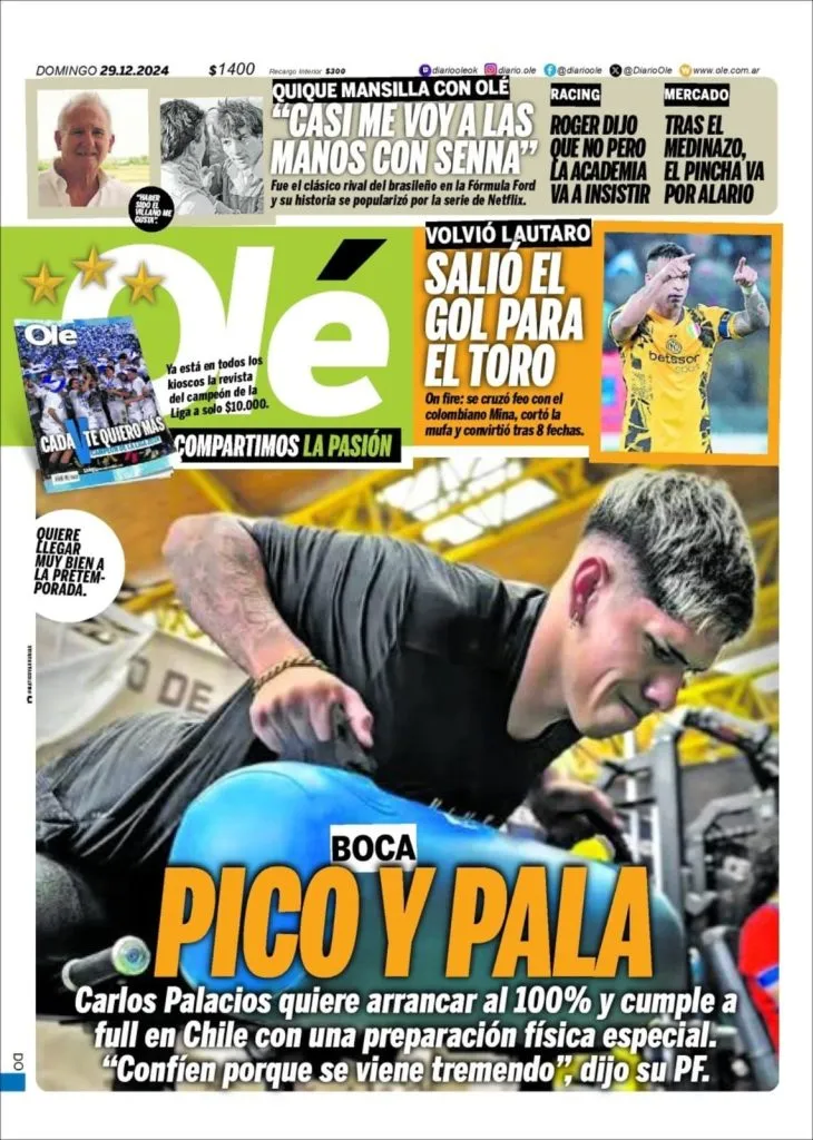 Palacios, portada en Olé por su potente entrenamiento antes de integrarse a Boca Juniors.