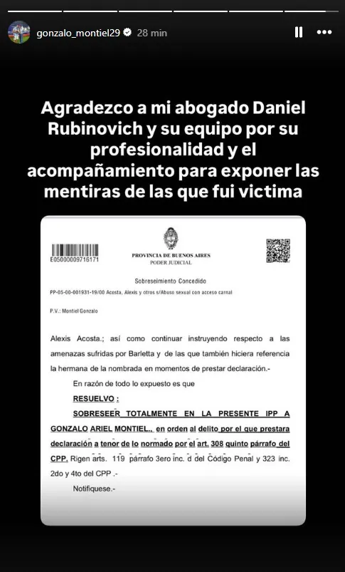 Publicación de Gonzalo Montiel en su cuenta de Instagram.