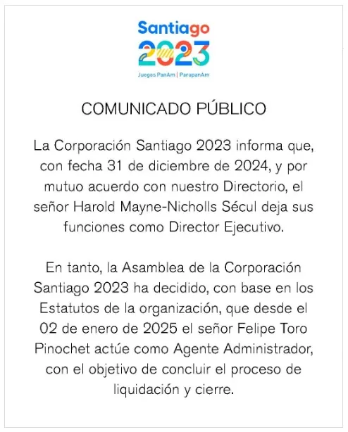 Comunicado de la Corporación Santiago 2023 sobre la salida de Harold Mayne-Nicholls.