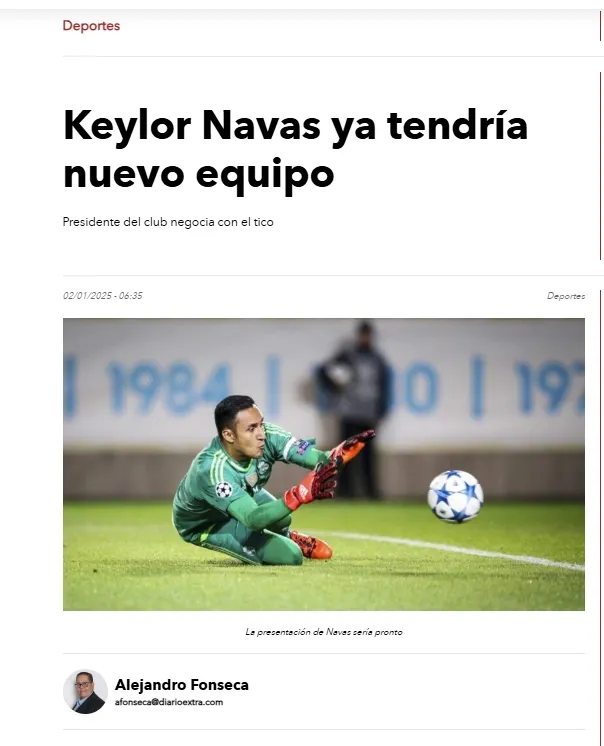 La noticia sobre Navas en la prensa de Costa Rica esta mañana