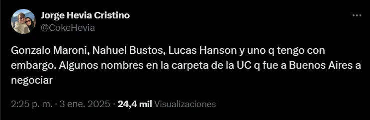 La información que lanzó Coke Hevia. (Captura Twitter).