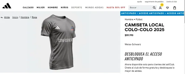 Así se ve en la web de adidas la preventa de la camiseta de Colo Colo 2025