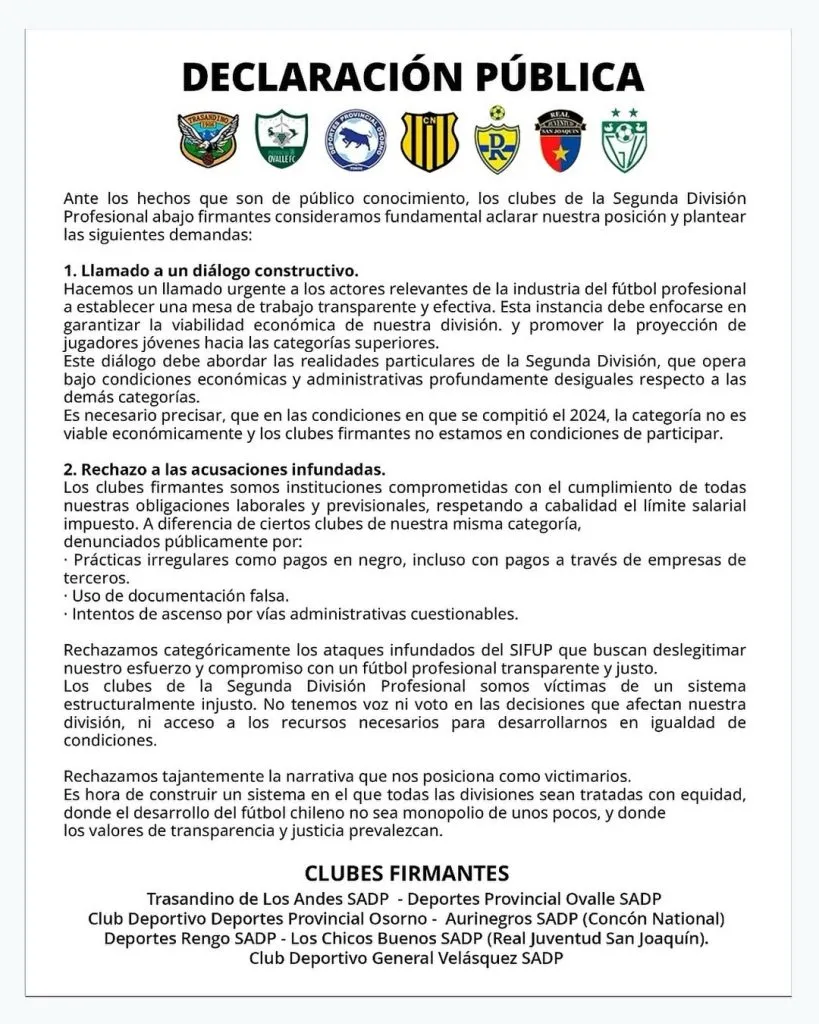 El comunicado de los siete equipos de Segunda División (Trasandino)
