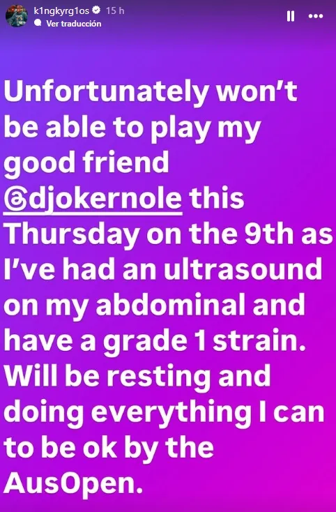 Publicación de Nick Kyrgios en sus historias de Instagram.