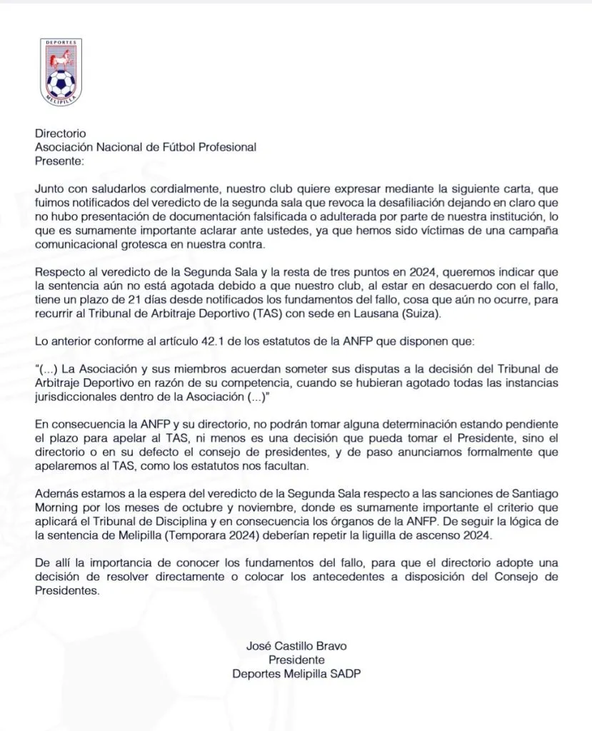La carta de Melipilla dirigida a la ANFP (Captura)