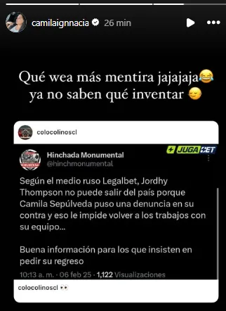 El mensaje de Camila Sepúlveda en redes sociales desmintiendo una nueva denuncia contra Jordhy Thompson. | Foto: Captura.