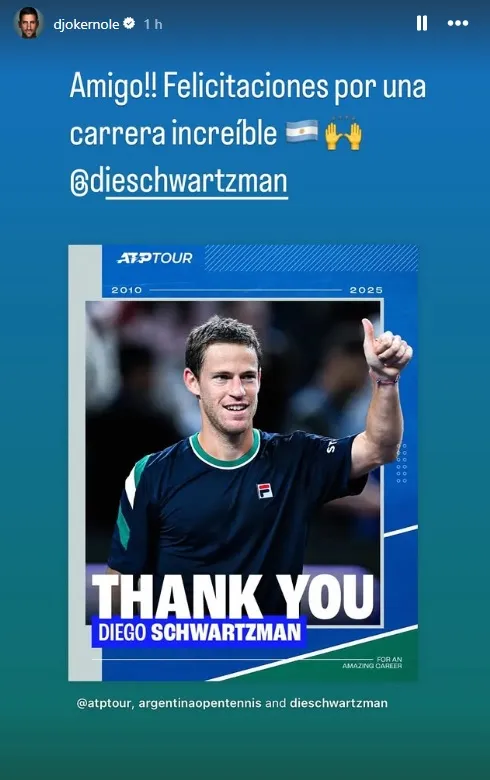 Despedida de Novak Djokovic a Diego Schwartzman (Instagram).