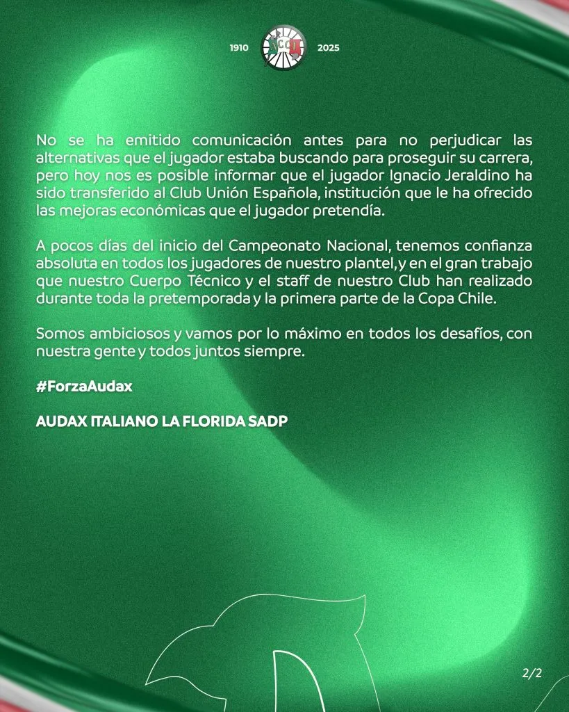 El comunicado de Audax Italiano tras confirmarse el adiós de Ignacio Jeraldino.