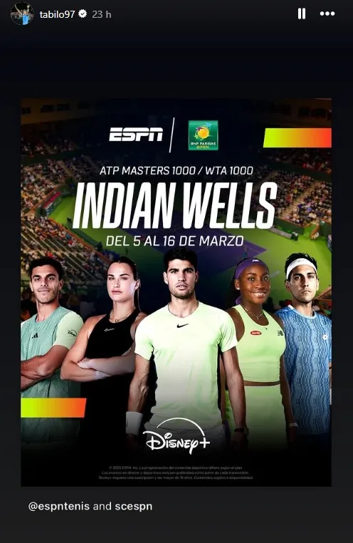 Publicación de Alejandro Tabilo sobre el Indian Wells en su cuenta de Instagram.