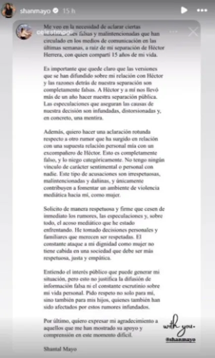 La publicación de Shantal negando su relación con Igor Lichvnosky