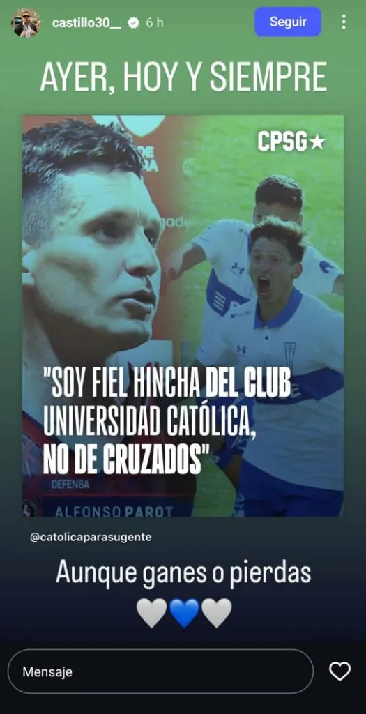 El nuevo palo de Nicolás Castillo a Cruzados, esta vez por la eliminación de la Copa Sudamericana. Foto: Captura Instagram.