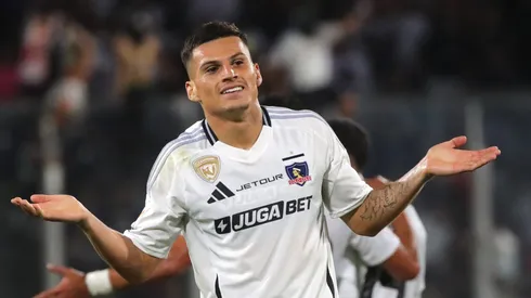 Futbol, Colo Colo vs Everton. Fecha 4, Liga de Primera 2025. El jugador de Colo Colo Lucas Cepeda, centro, celebra su gol contra Everton durante el partido de primera división disputado en el estadio Monumental.
