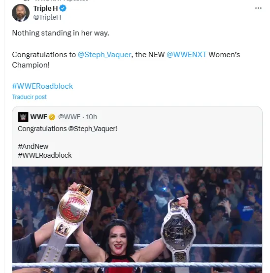 El saludo de HHH a Stephanie Vaquer tras coronarse bicampeona de NXT en la WWE. | Foto: Captura.