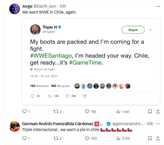 Los chilenos rápidamente pidiéndole a HHH un regreso a Chile tras el triunfo de Stephanie Vaquer. | Foto: Captura.