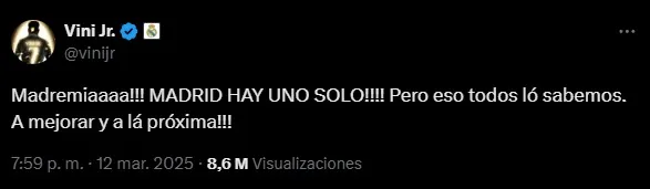 La publicación de Vinicius en X.