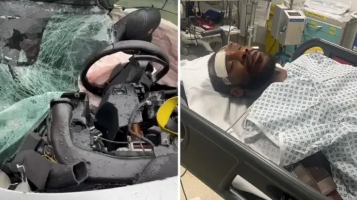 El Ferrari de Michail Antonio y una imagen suya en el hospital. (Fotos: BBC).