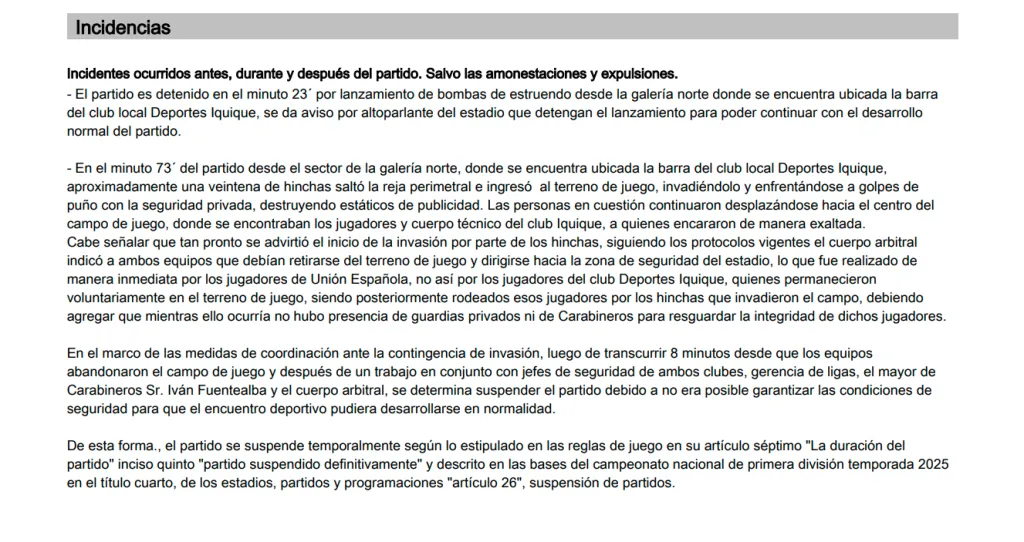 Parte del informe del árbitro Franco Jiménez del duelo Iquique vs. Unión Española (Captura)