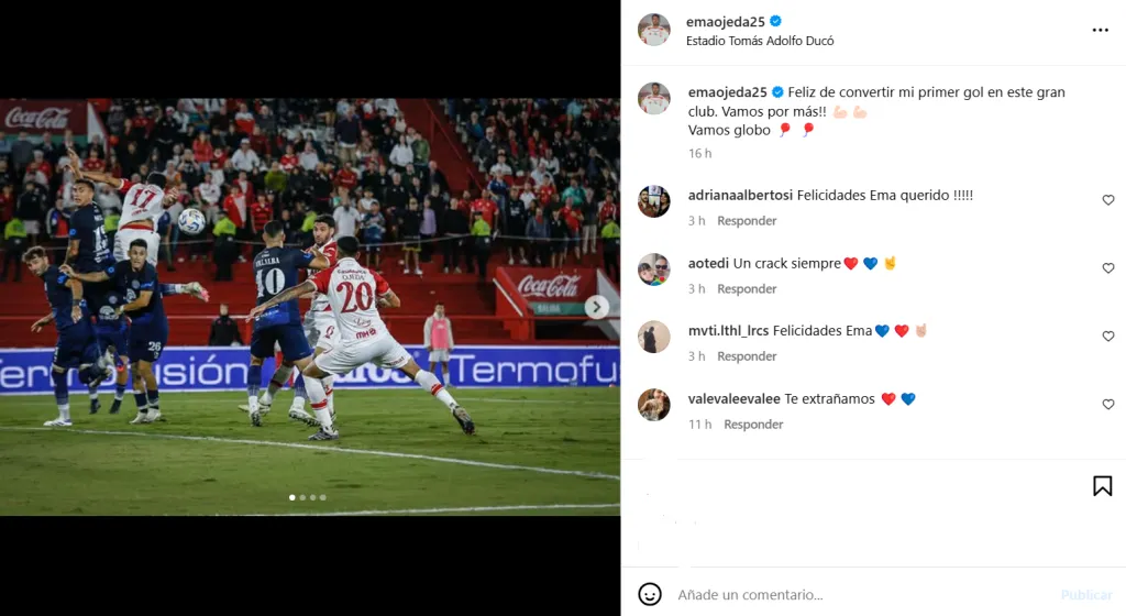 Emmanuel Ojeda y su alegría por el primer gol. (Captura Instagram).