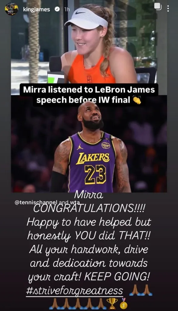 LeBron James felicita a Mirra Andreeva en su cuenta de Instagram (Getty Images).