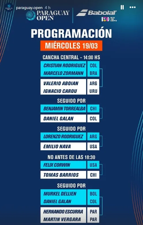 Programación del Día 4 del Challenger de Asunción (@paraguayopen).