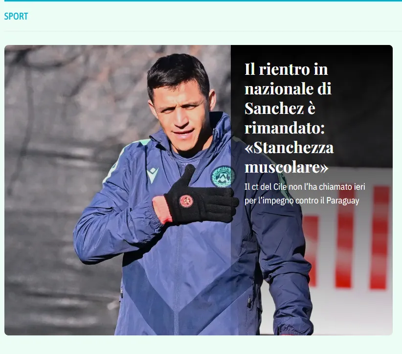 La publicación en Italia sobre la baja de Alexis Sánchez en la Selección (Captura)