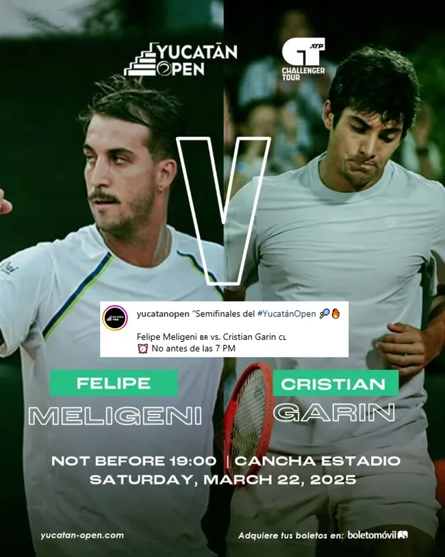 Publicación en Instagram de Challenger de Mérida sobre el próximo partido de Cristian Garin.