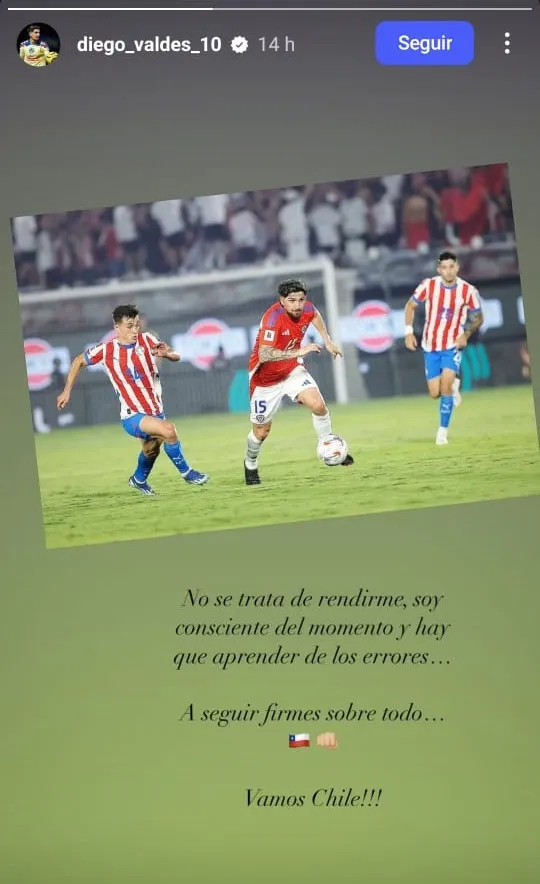 El mensaje de Diego Valdés en su cuenta de Instagram.