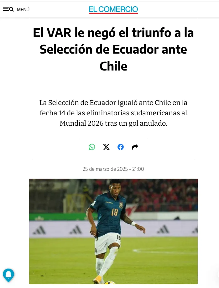 El Comercio destacó al VAR como culpable del empate. Foto: Captura.