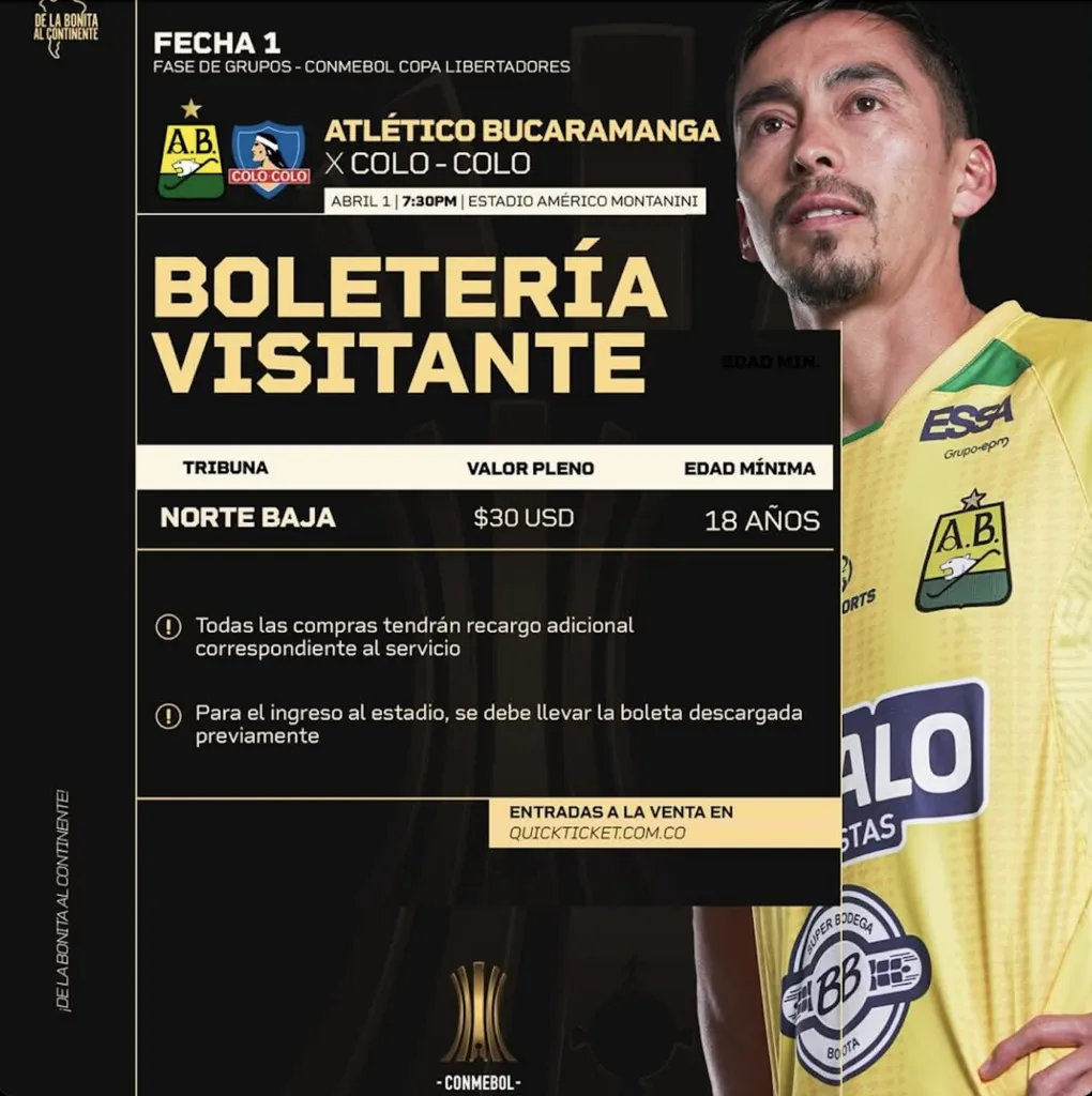 La información de la venta de entradas para Colo Colo publicada por Atlético Bucaramanga. 