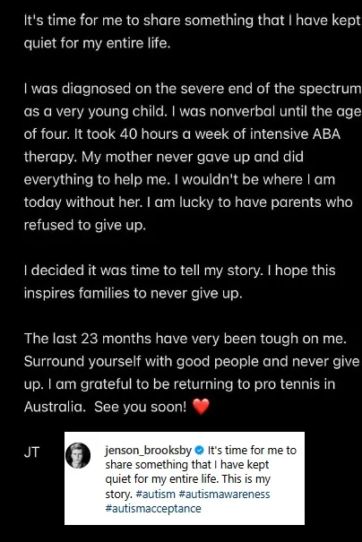 Jenson Brooksby revla que es autista en Instagram.