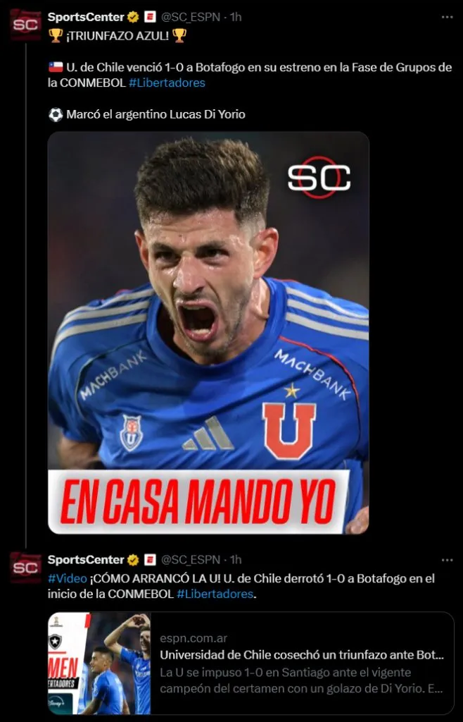 ESPN Argentina alucina con la U tras victoria contra el monarca Botafogo en el debut.