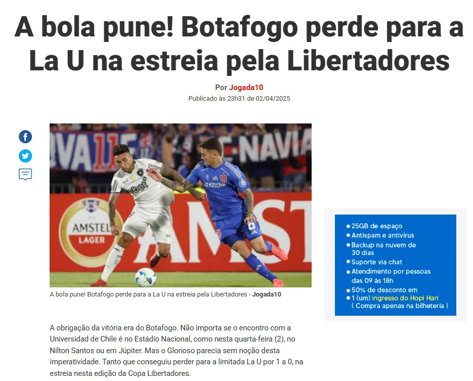 MeiaHora también habló de la victoria de Universidad de Chile ante Botafogo. Foto: Captura.