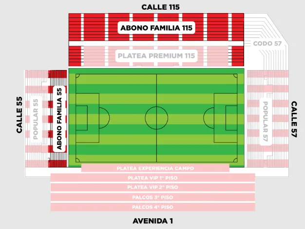 Las ubicaciones del Estadio Jorge Luis Hirschi de Estudiantes de La Plata. Los hinchas de Universidad de Chile se ubicarán en el Codo 57. | Foto: Captura.