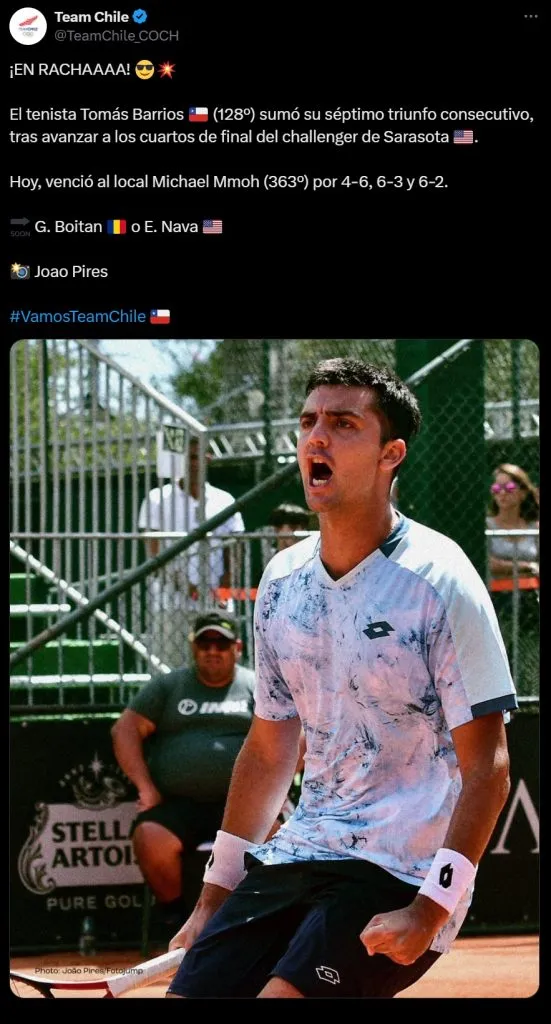 Team Chile celebra el triunfo de Tomás Barrios en X.