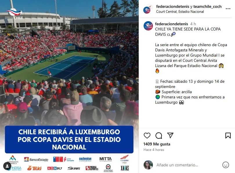 Publicación de la Federación de Tenis de Chile en Instagram.