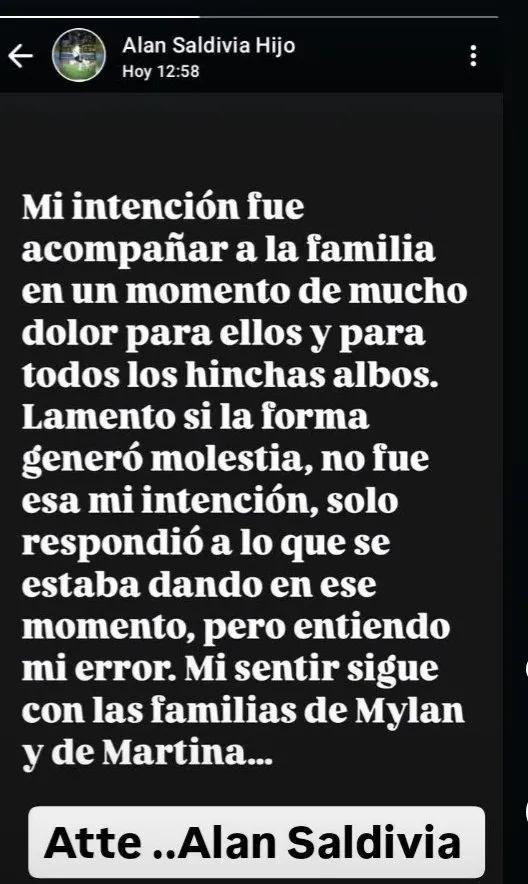 El presunto mensaje de Alan Saldivia en redes sociales (Captura)