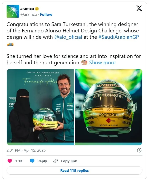 Aramco felicita públicamente a Sara Turkestani, ganadora del concurso para diseñar el casco de Fernando Alonso.